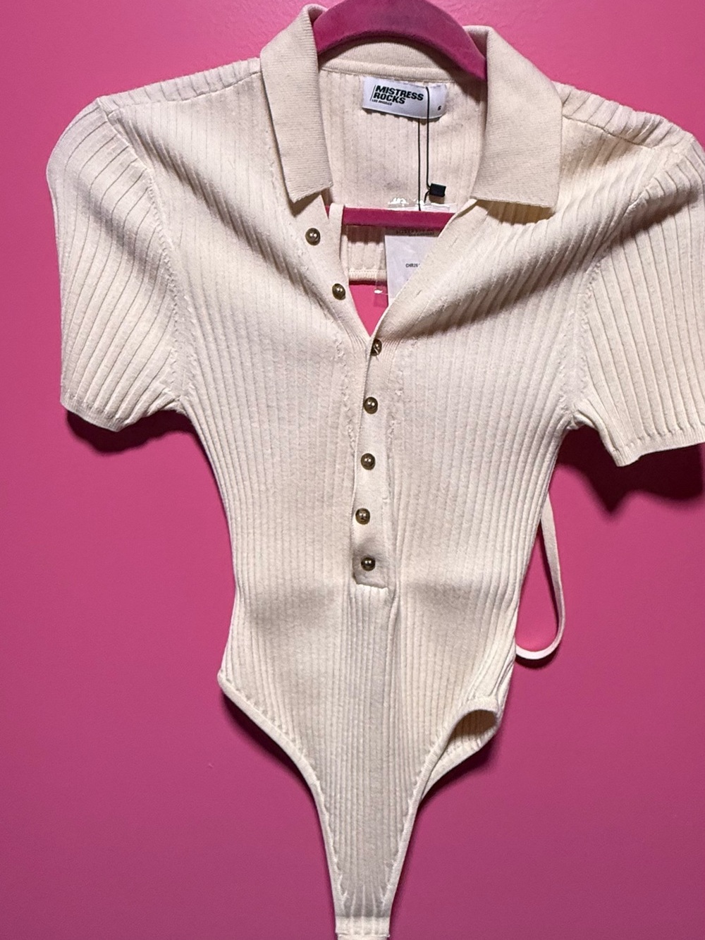 Mistress Rocks Cream Ribbed Polo button front Bodysuit - Picture 4 of 8